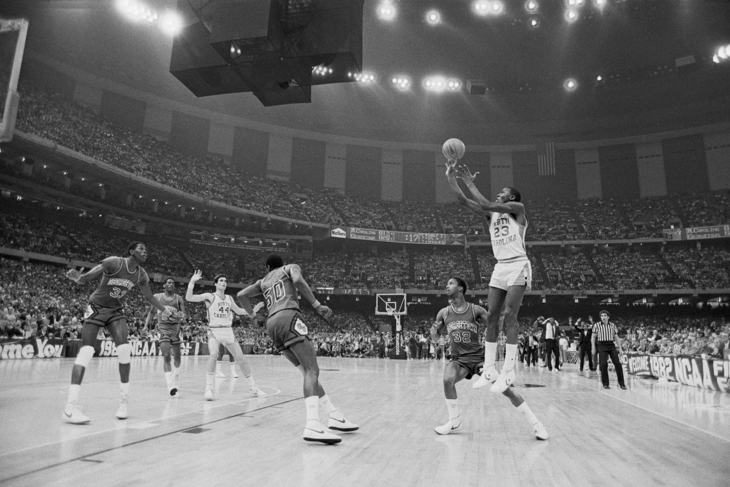 University of North Carolina basketball player Michael Jordan shoots the winning basket in the 1982 NCAA Finals against Georgetown University.
