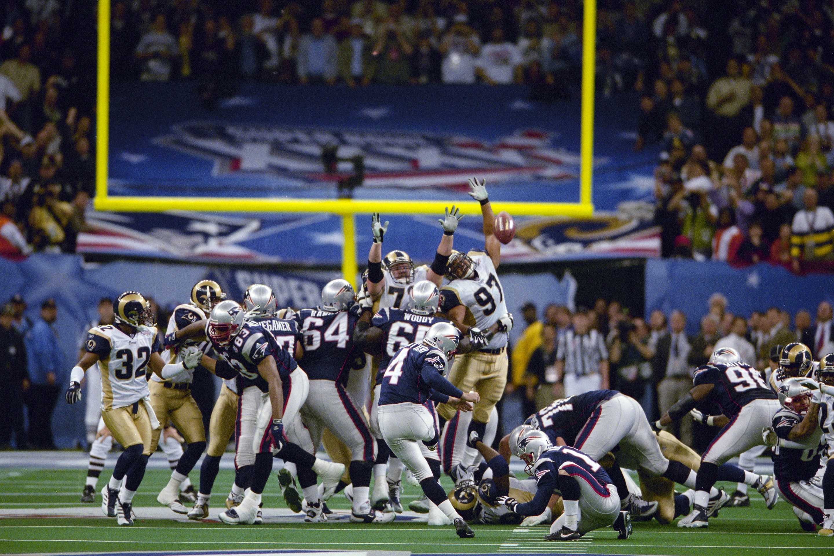 Football: Super Bowl XXXVI: Rear view of New England Patriots Adam Vinatieri (4) in action, kicking game winning field goal vs St. Louis Rams at Louisiana Superdome.
New Orleans, LA 2/3/2002
CREDIT: John Biever (Photo by John Biever /Sports Illustrated via Getty Images)
(Set Number: X65089 TK4 R14 F27 )