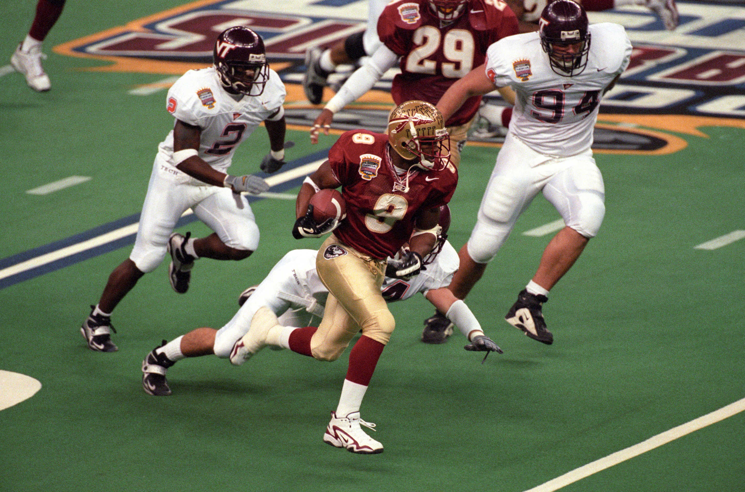 College Football: Sugar Bowl: Florida State Peter Warrick (9) in action vs Virginia Tech at Louisiana Superdome.
New Orleans, LA 1/4/2000
CREDIT: Bill Frakes (Photo by Bill Frakes /Sports Illustrated via Getty Images)
(Set Number: X59365 TK2 R2 F25 )