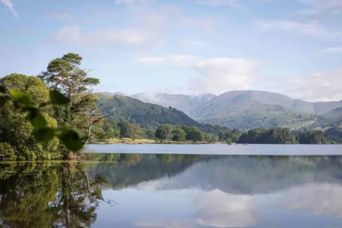 PA A beautiful shot of Lake Windermere in the summer with still water fringed by trees and lush green mountains in the background. There are some white clouds in the blue sky which are reflected onto the lake's still surface.