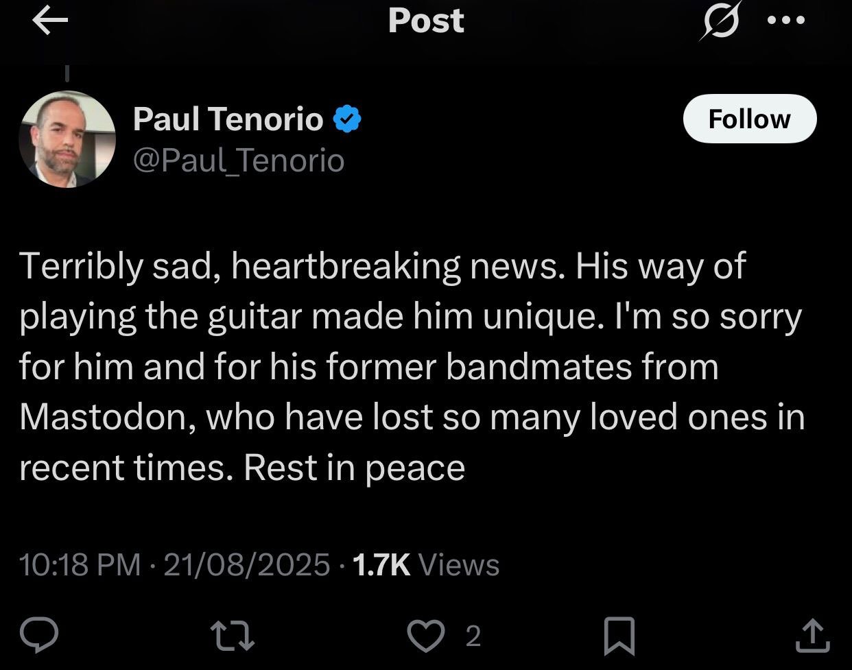 Fans react to Mastodon co-founder Brent Hinds tragic death
