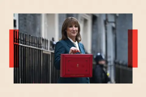 Chancellor of the Exchequer Rachel Reeves holds the red ministerial budget box outside number 11 Downing Street