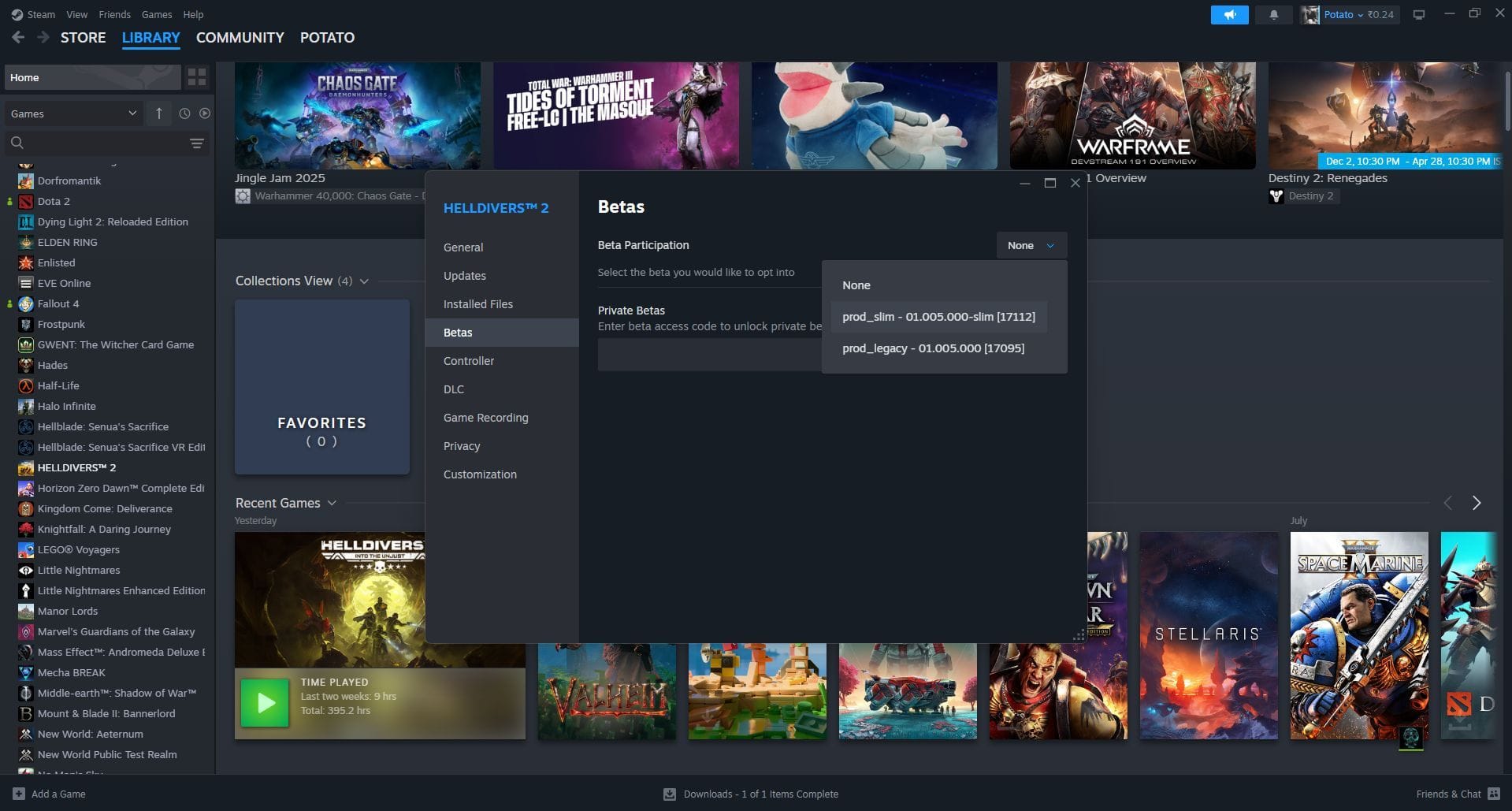 Opt into “prod_slim” version (Image via Steam)